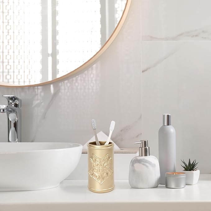 Jay Franco Harry Potter Bathroom Tumbler - Gold Resin Toothbrush/Pen Holder Features Hogwarts Crest - Bathroom Décor