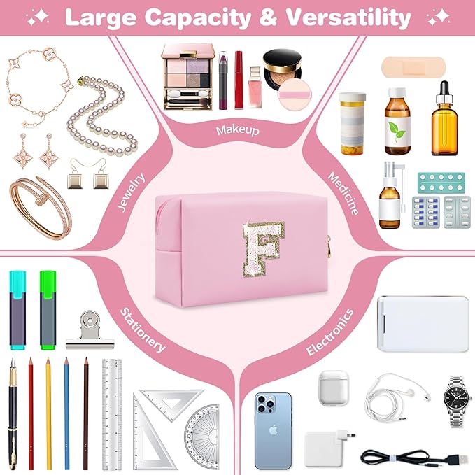 Small Personalized Initial A-Z Patch Makeup Bag,Pink Cute PU Leather Glitter Letter Cosmetic Bag for Teen Girls,Travel Toiletry Bag with Zipper,Preppy Monogrammed Birthday Gift for Daughter Niece F