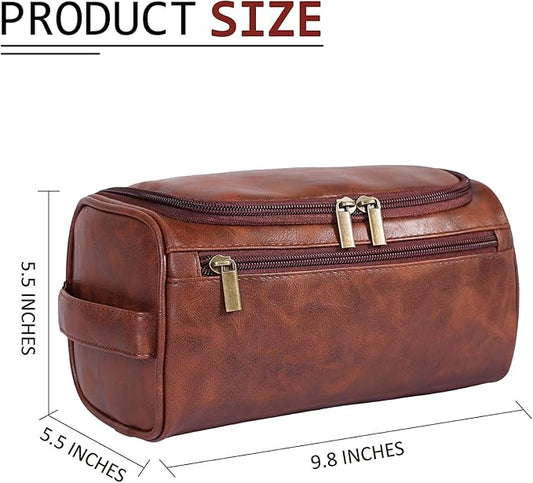 Toiletry Bag for Men, Hanging Travel Shaving Dopp Kit for Men and Women, Water-resistant Toiletries Organizer Bags, PU Leather Cosmetic Bags for Makeup Accessories (Dark Brown)
