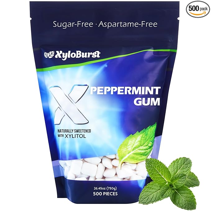 XyloBurst Xylitol Chewing Gum | Sugar Free, Gluten Free, Keto Friendly | Aspartame Free | Promotes Oral Health | Peppermint | 500-Count Bag