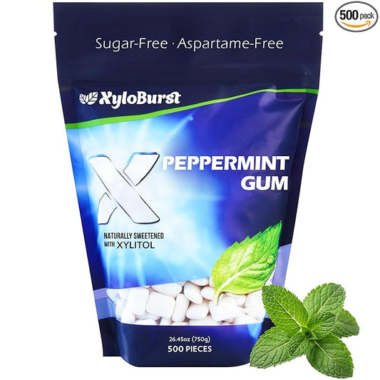 XyloBurst Xylitol Chewing Gum | Sugar Free, Gluten Free, Keto Friendly | Aspartame Free | Promotes Oral Health | Peppermint | 500-Count Bag