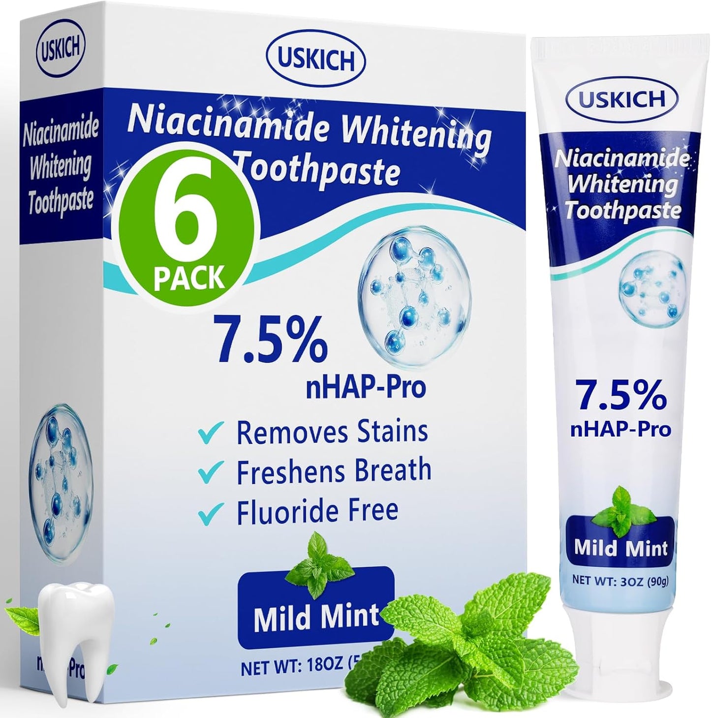 7.5% Nano Hydroxyapatite Toothpaste,6 Pack Fresh Breath Whitening Toothpaste for Remineralizing Enamel & Sensitive Relief,Antiplaque,Natural Peppermint,Fluoride-Free