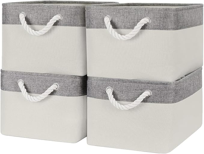 Organization and Storage Bins for Shelves - Large 4 Pack 16x12x8 inch Collapsible Storage Basket for Organizing, Fabric Storage Cubes for Box Closet Cloth Toy Nursery Books Kids (Grey & White)