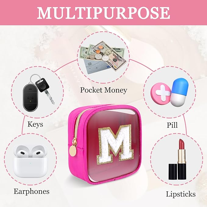 Mini Clear Personalized Initial Makeup Bag,Nylon Preppy A-Z Chenille Letter Patch Zipper Cosmetic Bag, Small Cute Beach Pouch Travel Purse Sanitary Napkin Storage Bag for Women Girls(Hot Pink-White M)