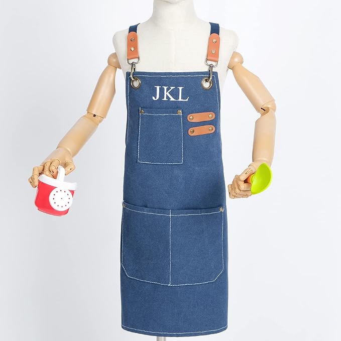MT WORLD Kids Canvas Apron Personalized Toddler Apron for Boys Adjustable Denim Aprons for Cooking Baking Gardening Painting