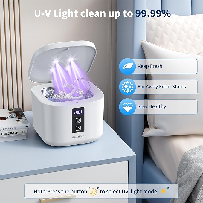 Retainer Cleaner, Ultrasonic Retainer Cleaner Machine 48kHz for Dentures, Mouth Guards, Braces, Toothbrush Heads, Jewelry, Ring with 300ML Capacity, 4 Modes Retainer Cleaning - White
