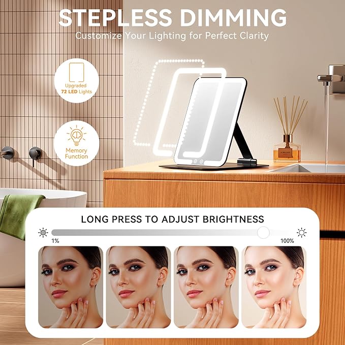 Auxmir Travel Makeup Mirror with 3 Dimmable Color Lights, Portable Foldable LED Lighted Travel Makeup Mirror, Rechargeable Compact Vanity Mirror with Light, Adjustable Height and Angle for Desk, Black