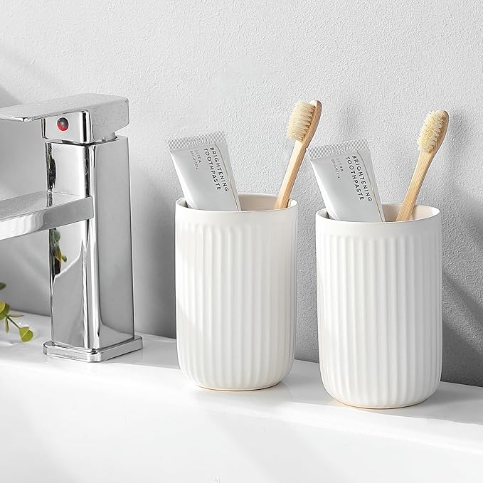 White Toothbrush Holders for Bathrooms - 2 Cups Ceramic Toothbrush Toothpaste Holders Set, White Bathroom Tumbler Cups Reusable Toothbrush Mouthwash Cup, Bathroom Counter Organizer.