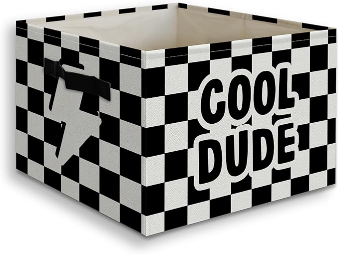 Cool Dude Boy Foldable Checkered Basket Storage Bins Box with Handles, Black and White Collapsible Organizer for Kids Boys Room Bedroom Bathroom Nursery Playroom Clothes Toys Books