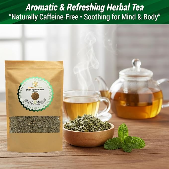 Cure Wid Pure Dried Peppermint Leaves 1lb Cut & Sifted Organic Peppermint Tea Loose Leaves,Fresh & Fragrant Mint Tea Non-Irradiated Caffeine-Free Herbal Tea - Eco-Friendly Resealable Pack te de menta