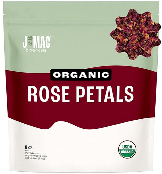 J MAC BOTANICALS Organic Rose Petals, (8 oz) Certified USDA Organic, Edible, Culinary Grade for Herbal Tea, Cooking and Crafts
