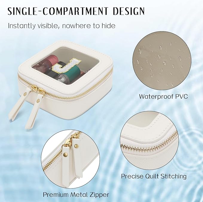 Initial Travel Toiletry Bag - Cosmetic Bags for Girls with Zipper, Clear & Potable Girls Makeup Bag for Travel, Small Cosmetic Pouch Perfect Gifts for Graduation (Beige, J)