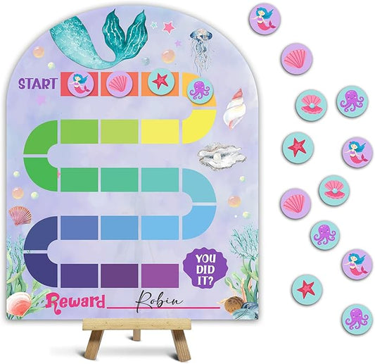 Mermaid Theme Reward Wooden Chart, Behavior Reward Charts, Incentive Responsibility Chart for Girls Kids Toddlers Chore Homework Good Habits Assignments Attendance, 03