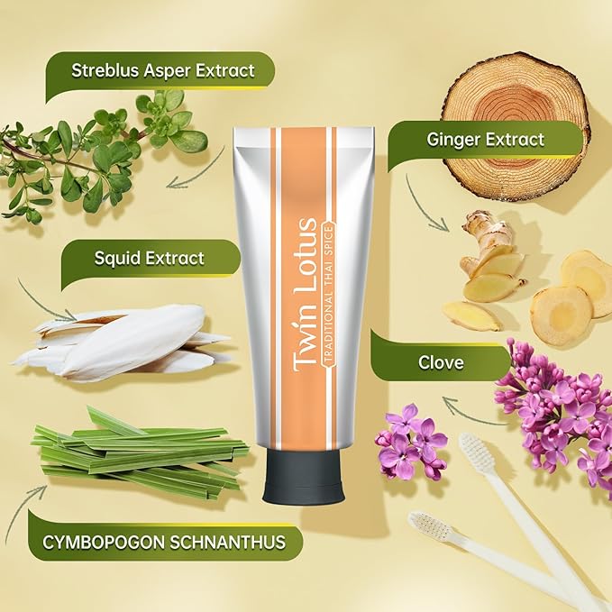 Twin Lotus Natural Herbal Thai Flavor Toothpaste, Fluoride Free,Non GMO,Nature Curcumin Clove Toothpaste,Improve Oral Health Remove Tartar,3.52oz 3 PKs