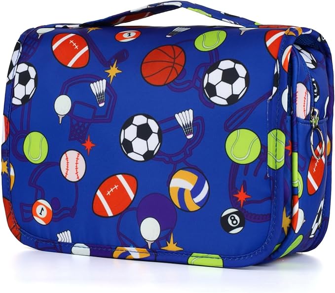 Kids Hanging Toiletry Bag for Boys, Travel Toiletry Bag for Little Young Boys Waterproof Wash Bag Toddler Traveling Toiletries, Soccer Balls Blue