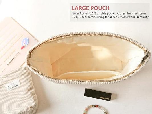 HAPPYHEIDI Large Corduroy Makeup Bag Pocket Cosmetic Toiletry Travel Pouch Office Car Accessory Organizer, Soft Creamy Tea White