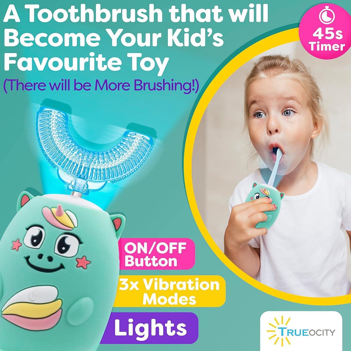 Trueocity Kids U Shape Toothbrush Auto Electric Toddler Rechargeable Kids Automatic Toothbrush | 360° U-Shaped Silicone Brush Head | Gentle Cleaning for Ages 2–7 2–7 | Unicorn Design (Turquoise)