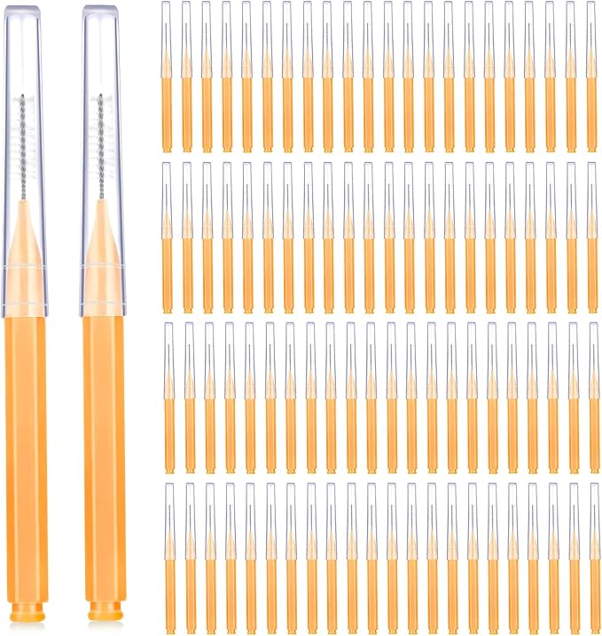 Patelai 100 Pieces Braces Brush for Cleaner Interdental Brush Toothpick Dental Tooth Flossing Head Oral Dental Hygiene Flosser Toothpick Cleaners Tooth Cleaning Tool(Orange,Ideal Size)