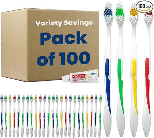 100 Toothbrushes Bulk Wholesale Quantity Standard Size, Dental Care Toiletries, Medium Soft Bristles, Individually Wrapped, Homeless Care, Disposable Use, Hotels, Travel