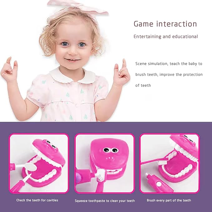 Dental Early Education Brushing Toys, 9Pcs/Set Children Role Play Toys Crocodile Early Education Cartoon Tooth Brushing Model Preschool Education Toy Dentist Game for Kids Classroom Pink