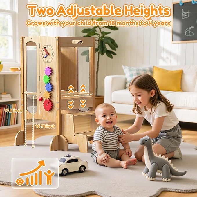 FlyingBoom Foldable Toddler Tower, Kitchen Stool Helper with 2 Step Stool, Toddler Standing Tower for Kids with Safety Net, Adjustable Height, Chalk-Whiteboard &Montessori Activity Games