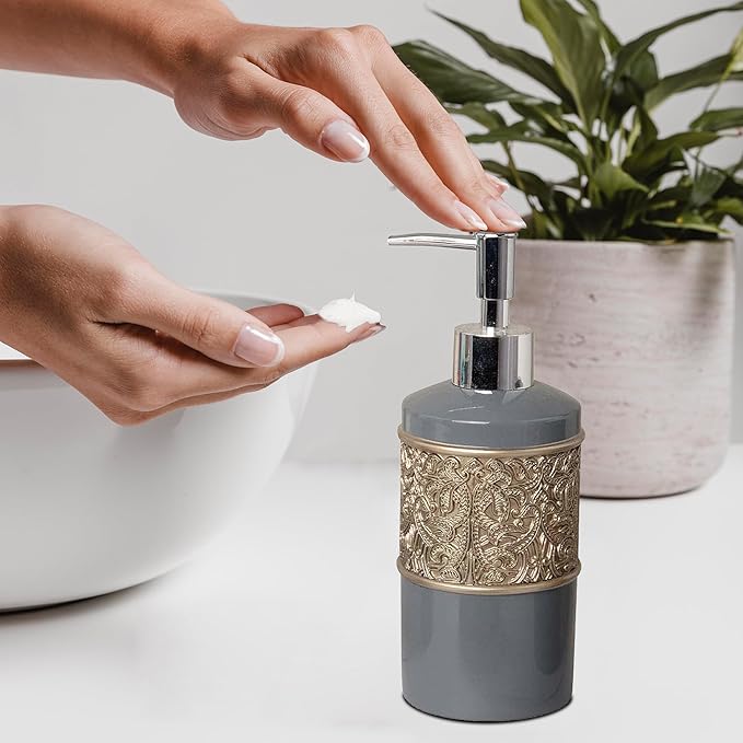 6-Piece Bathroom Accessories Set – Soap Dispenser, Toothbrush Holder, Tumbler, Soap Dish, Cotton Swab Jar & Toilet Brush – Modern Bathroom Decor Set (Gold Grey)