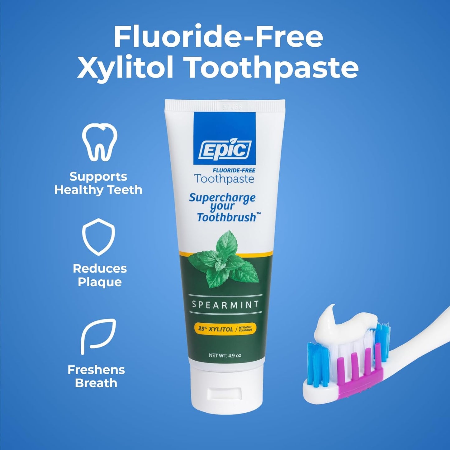 Epic Xylitol Toothpaste for Adults - Fluoride-Free Toothpaste with 25% Xylitol - SLS-Free Formula for Dry Mouth & Fresh Breath - Spearmint, 4.9oz (2-Pack)