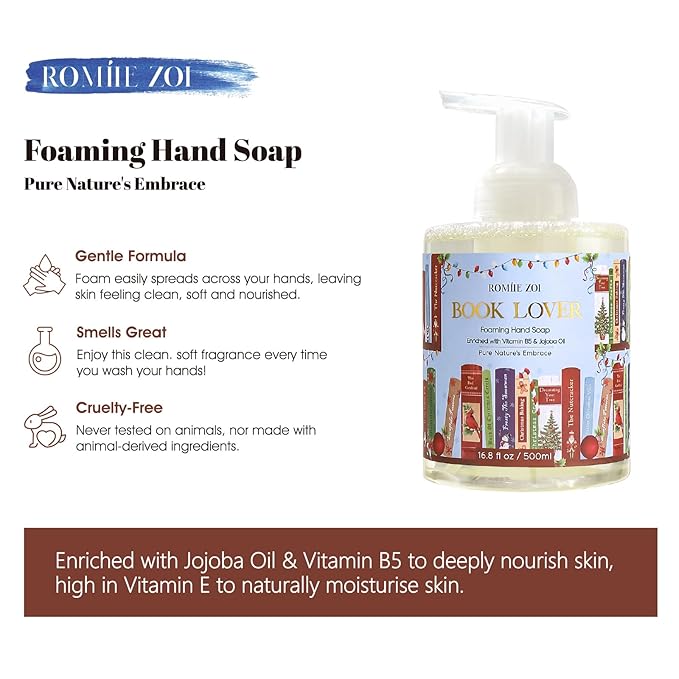 ROMIIE ZOI Christmas Foaming Hand Soap with Gift Box- Book Lover Design, Floral&Fruity Scented- Holiday Soap Gift for Bathroom Winter Home Decor, Stocking Stuffer- 500ml / 16.8oz
