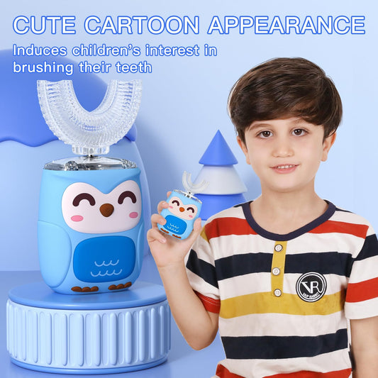 Kids Electric U Shaped Toothbrush Kids Sonic Toothbrush with 4 Soft Brush Head Automatic Full Mouth 6 Cleaning Mode-(Age2-7 Blue)