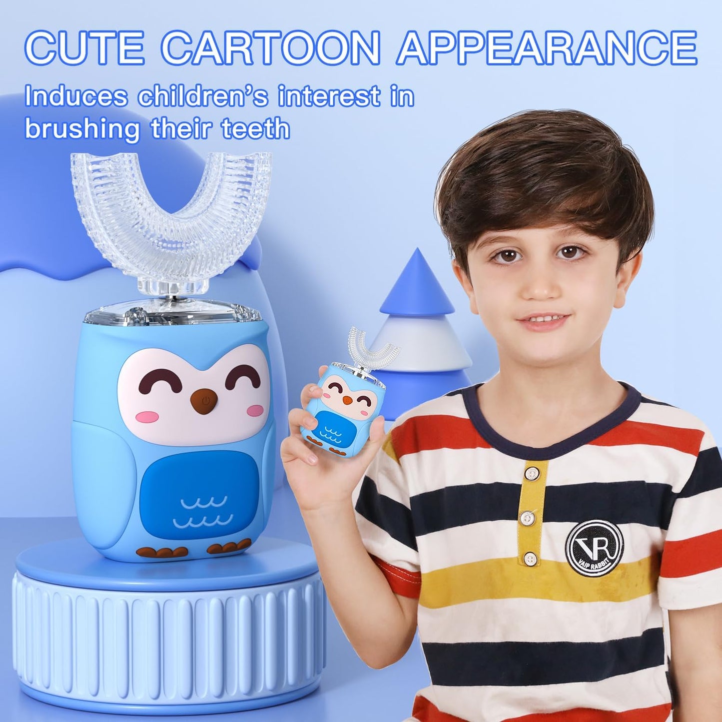 Kids Electric U Shaped Toothbrush Kids Sonic Toothbrush with 4 Soft Brush Head Automatic Full Mouth 6 Cleaning Mode-(Age8-15 Blue)