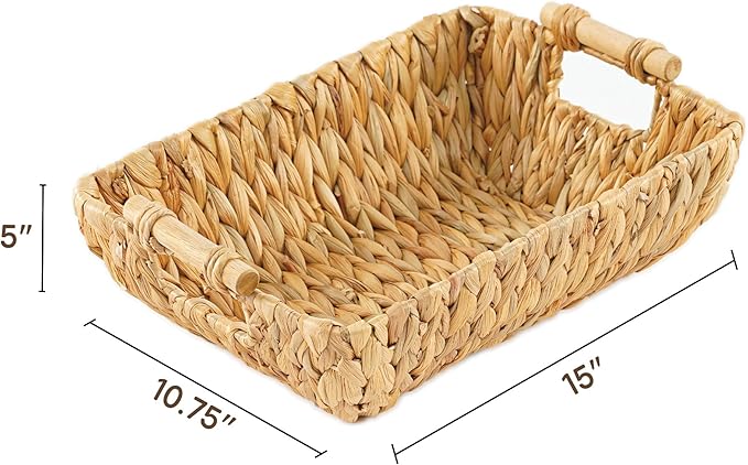 Greenatural Water Hyacinth Storage Baskets Set of 2, 15x10.75x5 in Handwoven Rectangular Organizers with Wooden Handles, Wicker Baskets for Shelf, Bathroom, Kitchen, Office, Natural Home Decor