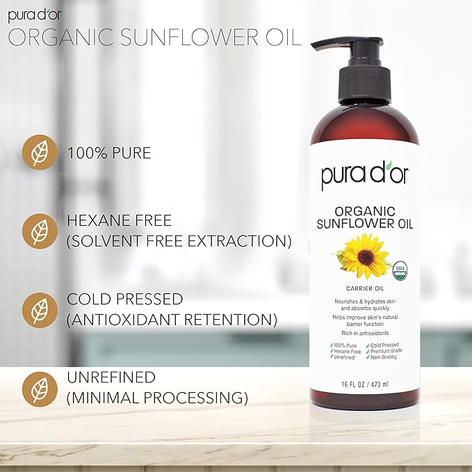 PURA D'OR 16 Oz ORGANIC Sunflower Seed Oil - 100% Pure & Natural USDA Certified Cold Pressed Carrier Oil For DIY Beauty - Unscented, Hexane Free Liquid Moisturizer - Face Skin & Hair - Men & Women