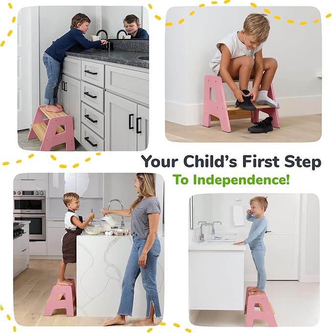OCODILE 2-Step Wooden Step Stool for Toddlers | Kids Stool for Bathroom Sink & Kitchen Use | Non-Slip Step | Wooden Stool for Children Ages 2+ Years Pink