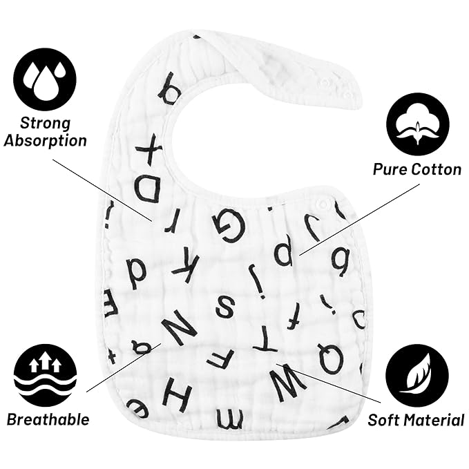 Zainpe 6Pcs Snap Muslin Cotton Bibs for Baby Love Heart Milk Letter Pattern Bib with 6 Absorbent Soft Layers, Machine Washable Burp Cloths for Infants Newborns Toddlers Drooling Feeding and Teething