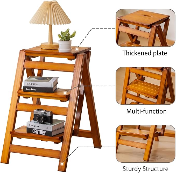 Latifolia Foldable 3 Step Ladder, Wooden Step Stool with Floor Saver, Decorative Ladder Shelf for Living Room, Kitchen, Garden(Walnut)