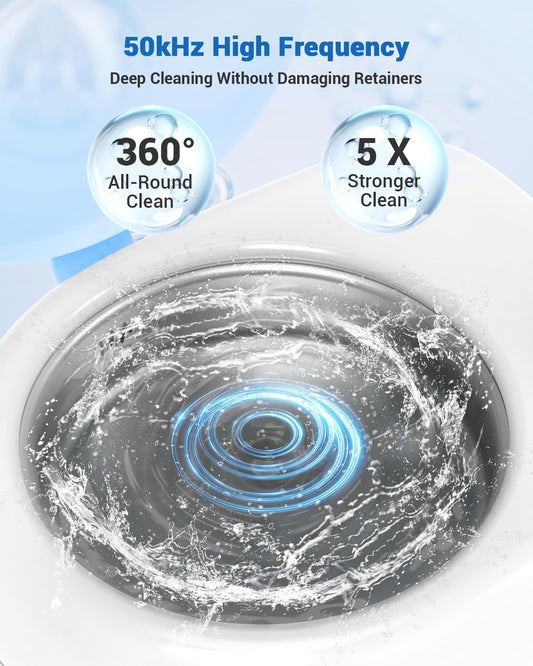 Rechargeable Ultrasonic Retainer Cleaner Machine | 50kHz 1.9 inch Ultra-Thin Portable | Night Guard Aligners Jewelry |6pcs Cleaner Tablets Included | Quick & Deep Clean Modes | Oral Dental Care