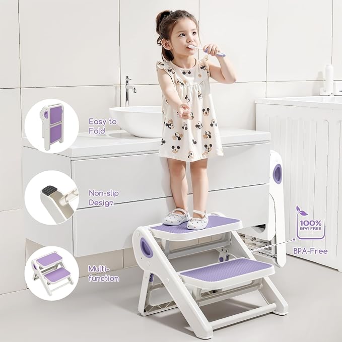 Foldable Toddler Step Stool for Bathroom Sink - 2-Step Kids Stool for Potty Training, Kitchen Counter & Bedroom, Sturdy Non-Slip Child Safety Stool Helper