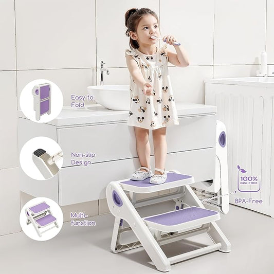 Foldable Toddler Step Stool for Bathroom Sink - 2-Step Kids Stool for Potty Training, Kitchen Counter & Bedroom, Sturdy Non-Slip Child Safety Stool Helper