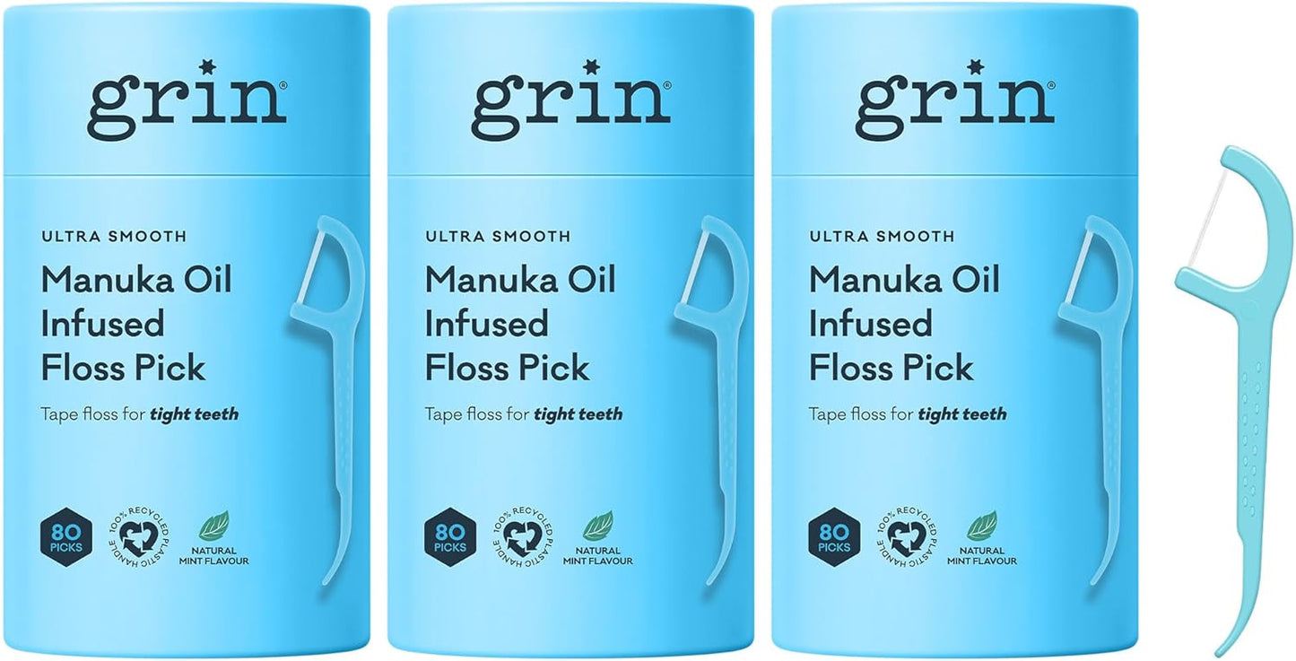 Grin Tooth Picks Flossers for Adults – Manuka Oil Infused Dental Floss Picks for Teeth Cleaning - Natural Mint Flavor - 100% Recycled Plastic Handle - 80 Count Canister (Pack of 3)