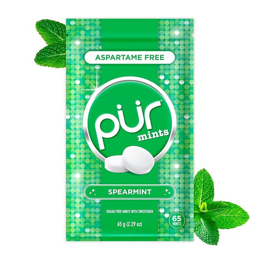 PUR Mints | Aspartame Free Breath Mints | Made with Xylitol | Sugar Free, Vegan, Gluten Free | Natural Spearmint Flavor | 65 Pieces in Re-Sealable pouch (Pack of 1)