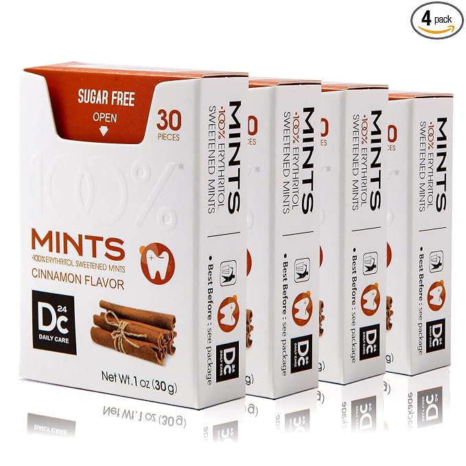 DC24 DAILY CARE 100% Erythritol Breath Mints, 0-Calorie,Sugar Free, Natural Cinnamon, Gluten Free, 30 Count, Pack of 4