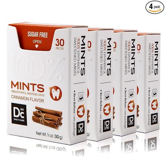 DC24 DAILY CARE 100% Erythritol Breath Mints, 0-Calorie,Sugar Free, Natural Cinnamon, Gluten Free, 30 Count, Pack of 4