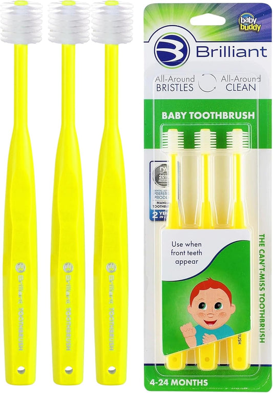 Brilliant Oral Care Baby Toothbrush with Soft Bristles and Round Head, for a Toddler Approved, Easy to Use All-Around Clean Mouth, Ages 0-2 Years, Yellow, 3 Pack