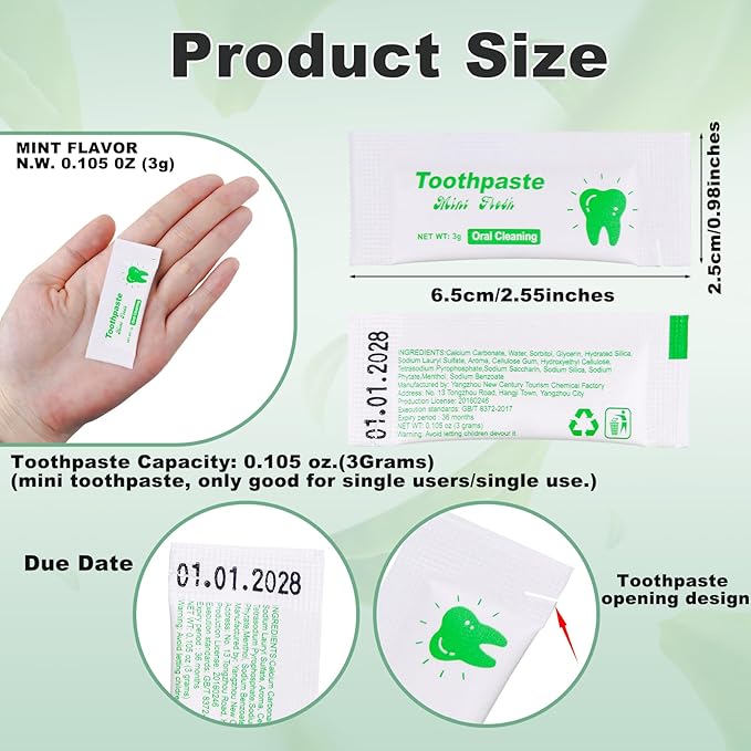 Too Small Bulk Travel Size Toothpaste Pack of 50,0.105 oz Extra Small Toothpaste Travel Size Bulk Mint Mini Disposable Toothpaste for Hotel,Guests,Homeless,Charity(Only Good for Single Use)