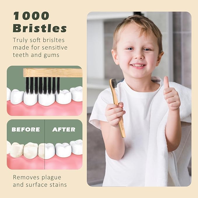 Kids Bamboo Toothbrushes Biodegradable Handle BPA Free Eco Friendly Children Size, Pack of 4