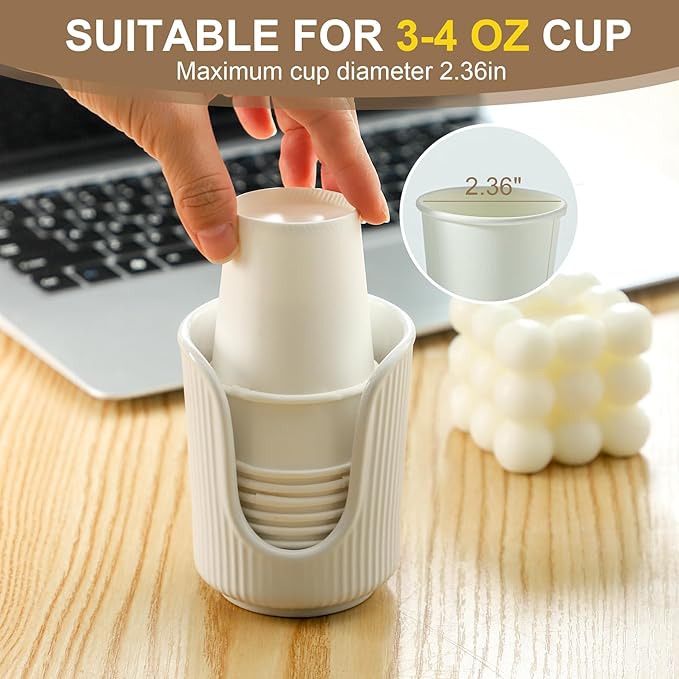 Ceramic Bathroom Cup Dispenser with Stylish Vertical Stripes - Disposable Mouthwash Cup Holder Holds 3-4oz Paper Cups for Rinsing Cups on Bathroom Vanity Countertops (White-White-2 Pack)