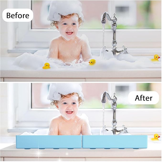 Roslim 2 Pack Splash Guard for Bathtub & Sink - Silicone Kids Bath Splash Guard Shelf, Bath Toy Tray Holder, Tub Water Splash Guard with 4 Suction Cups, Bathroom Accessories for Kids Bath, Blue