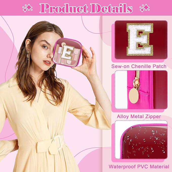 Personalized Initial Letter Clear Preppy Makeup Bag,Mini Nylon Chenille Letter Cosmetic Bag Cute Zipper Pouch Coin Purse for Teen Girls,Portable TSA Approved Travel Essentials Bag Gift for Women,E