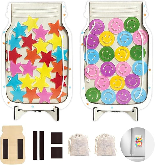 2 Pack Magnetic Reward Jar,Star and Smiley Face Reward Jar,Star Jar Reward System for Kids,Good Behavior Home Classroom Responsibility Routine Training Tool for Boys Girls