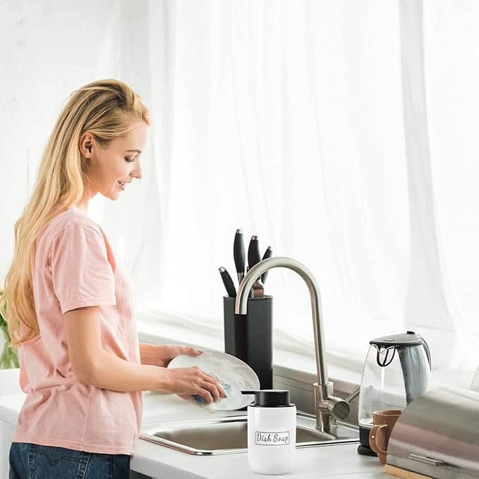 BosilunLife White Soap Dispenser Set - 2 Pack 12oz Ceramic Dish Soap Dispenser with Rust Proof Pump for Kitchen, Hand Soap and Lotion Set Suitable for Farmhouse Bathroom Decor with Waterproof Labels